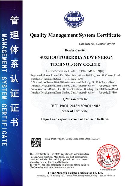 Porcellana SUZHOU FOBERRIA NEW ENERGY TECHNOLOGY CO.,LTD. Certificazioni